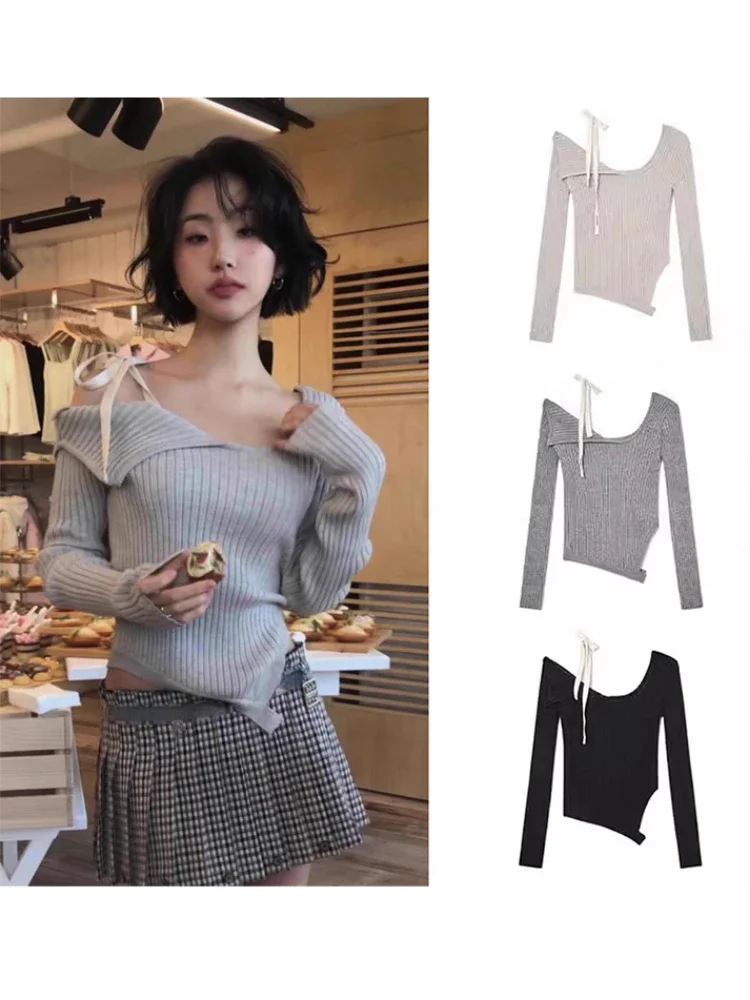 Woman Jumper  Slash Neck Knitwear 2024 New Casual Long Sleeve Knitted Pullover Female Lace-Up High Street Sexy Strapless Tops