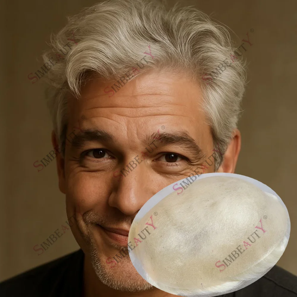 

Natural 0.04mm Super Thin Skin Invisible Men's Toupee Light 80%Density Full Vloop 60r# 565# Blonde Grey 100% Human Hair Prosthes