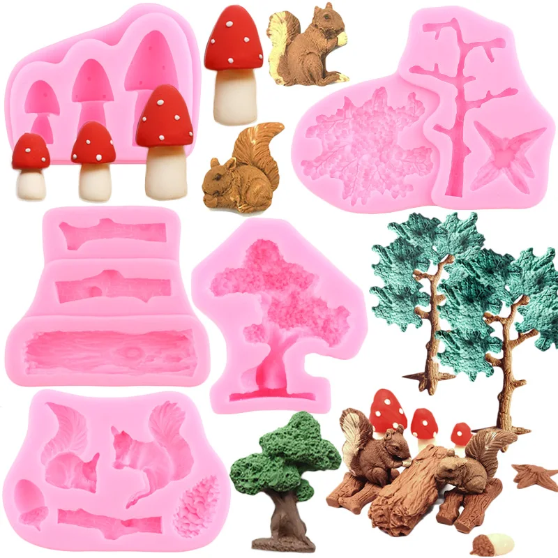 Forest Animals Silicone Molds Squirrel Chocolate Candy Mould Woodland Stump Pine Cones Tree Trunk Fondant Cake Decorating Tools