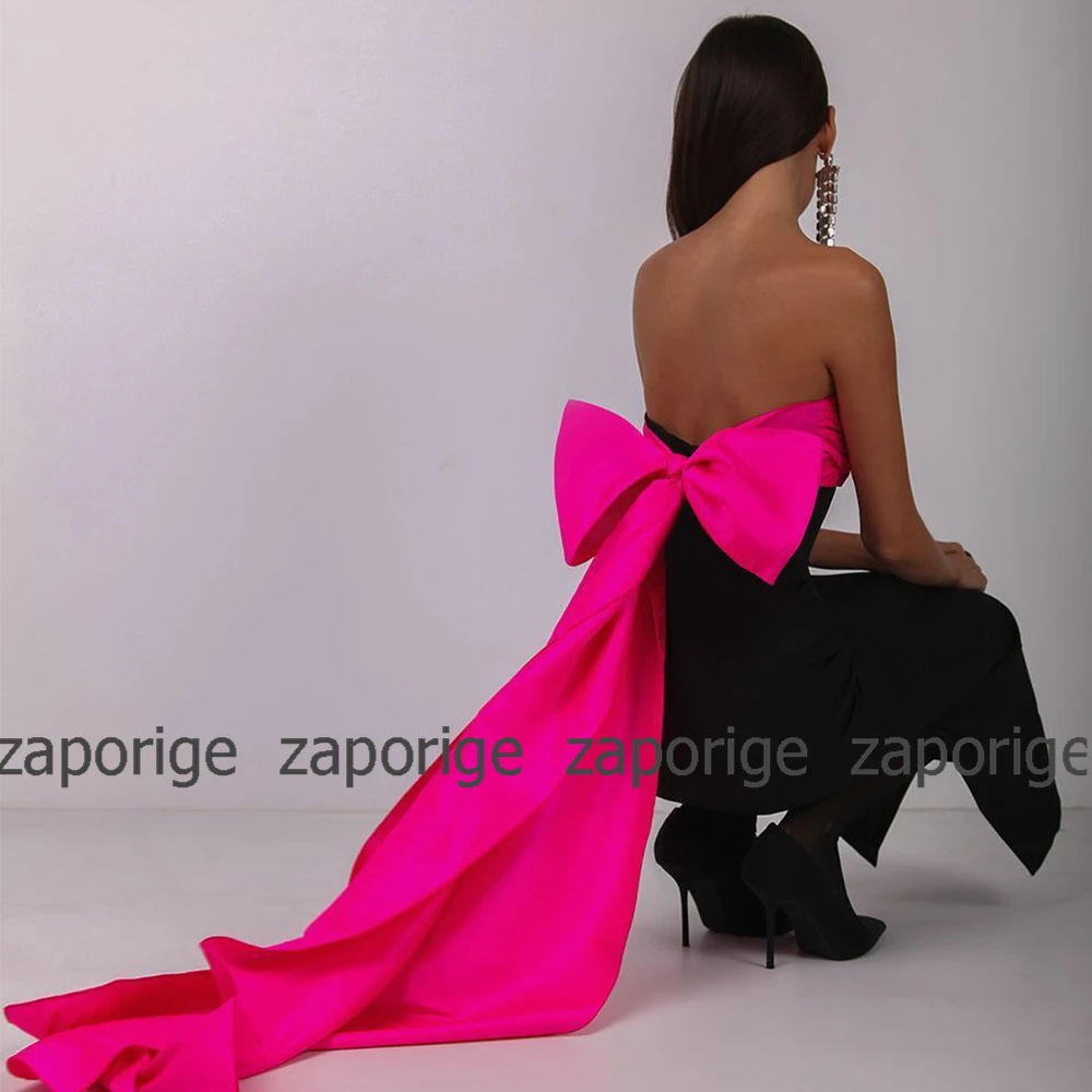 Classic Formal Party Dresses Jersey Contrast Color Black And Hot Pink Bow Evening Dress Column&Sheath Strapless Midi Dresses