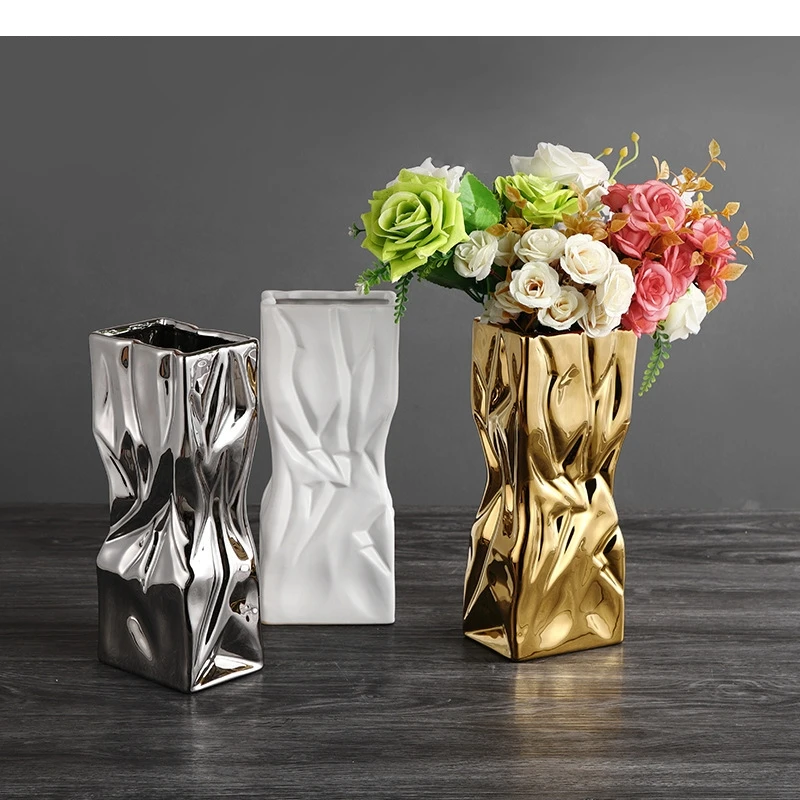 Electroplated Wrinkled Ceramic Vase Room Foyer Decor Art Ornaments Light Luxury Modern Home Tabletop Flower Arrangement