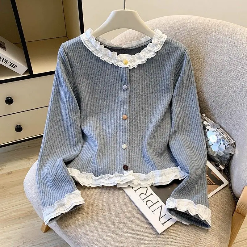 

2025 Spliced Ruffled Cardigan Women's Design Colorful Button Short Long Sleeve Shirt Bottoming Top Autumn