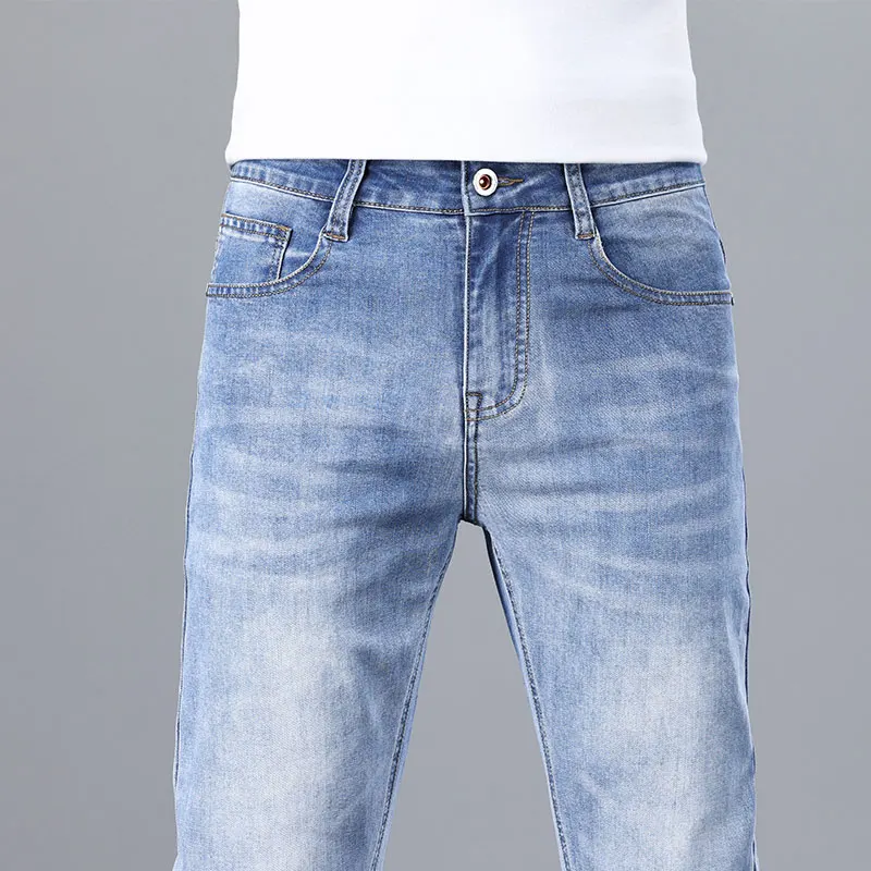 

Летние ультратонкие светло-голубые джинсовые брюки, деловые повседневные брюки из ледяного шелка, мужские джинсы, мягкие дышащие свободные прямые брюки