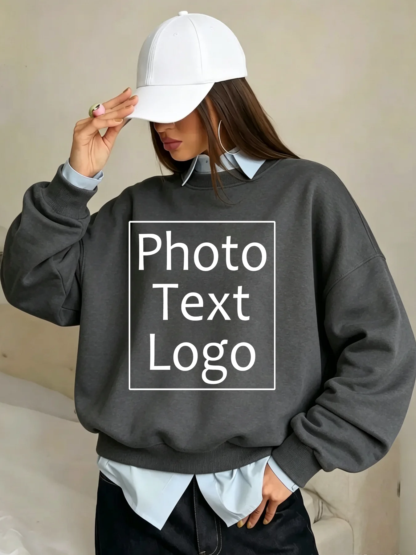 Personalized Custom DIY Autumn Women Sweatshirts Fleece Warm Pullover Sport All-Match Streetwear Office Team Workwear O-Neck Top