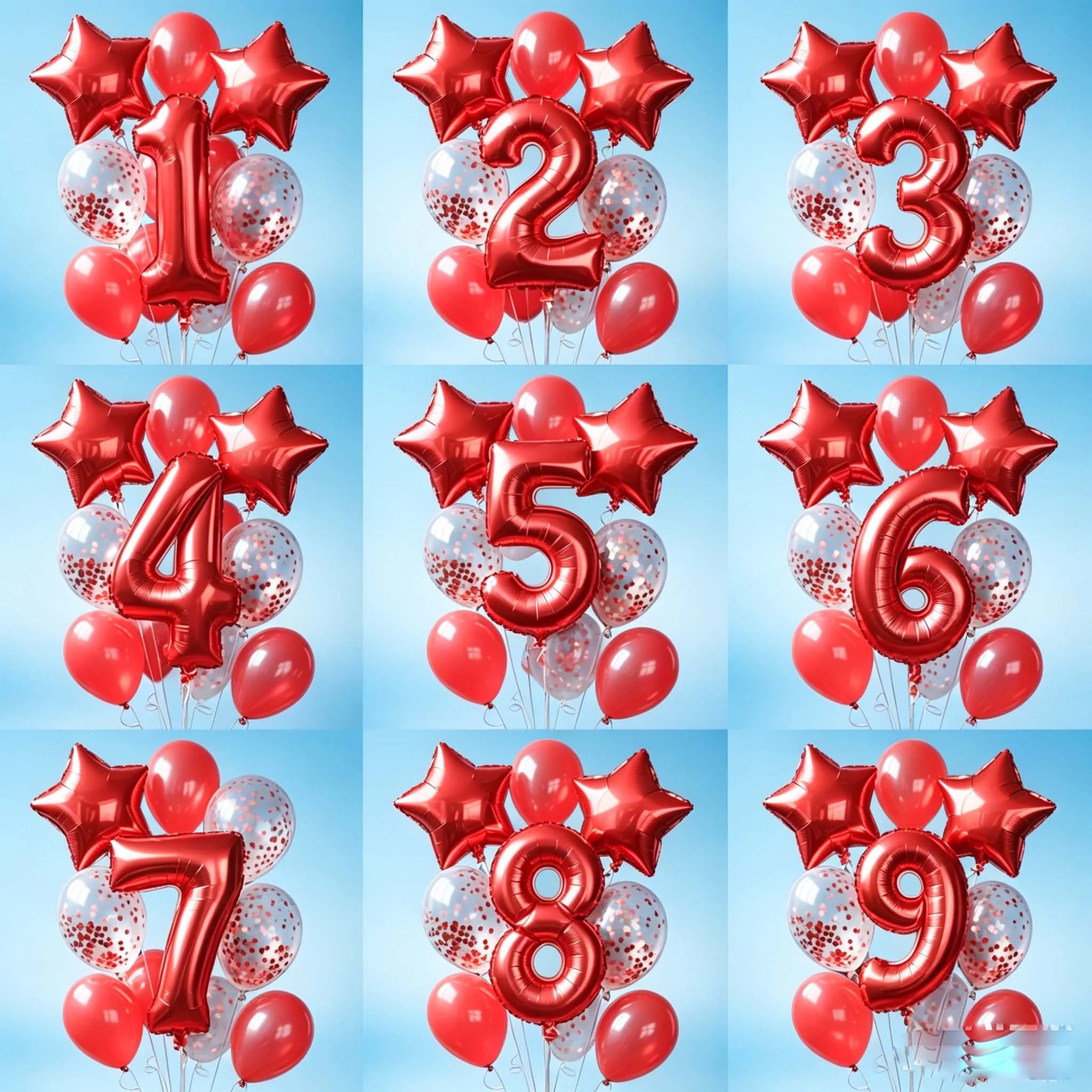 9pcs Number 0-9 Birthday Party Red Balloon Decoration Set Aluminum Foil Balloons Digital Balloon Red Paper Scraps Ballon