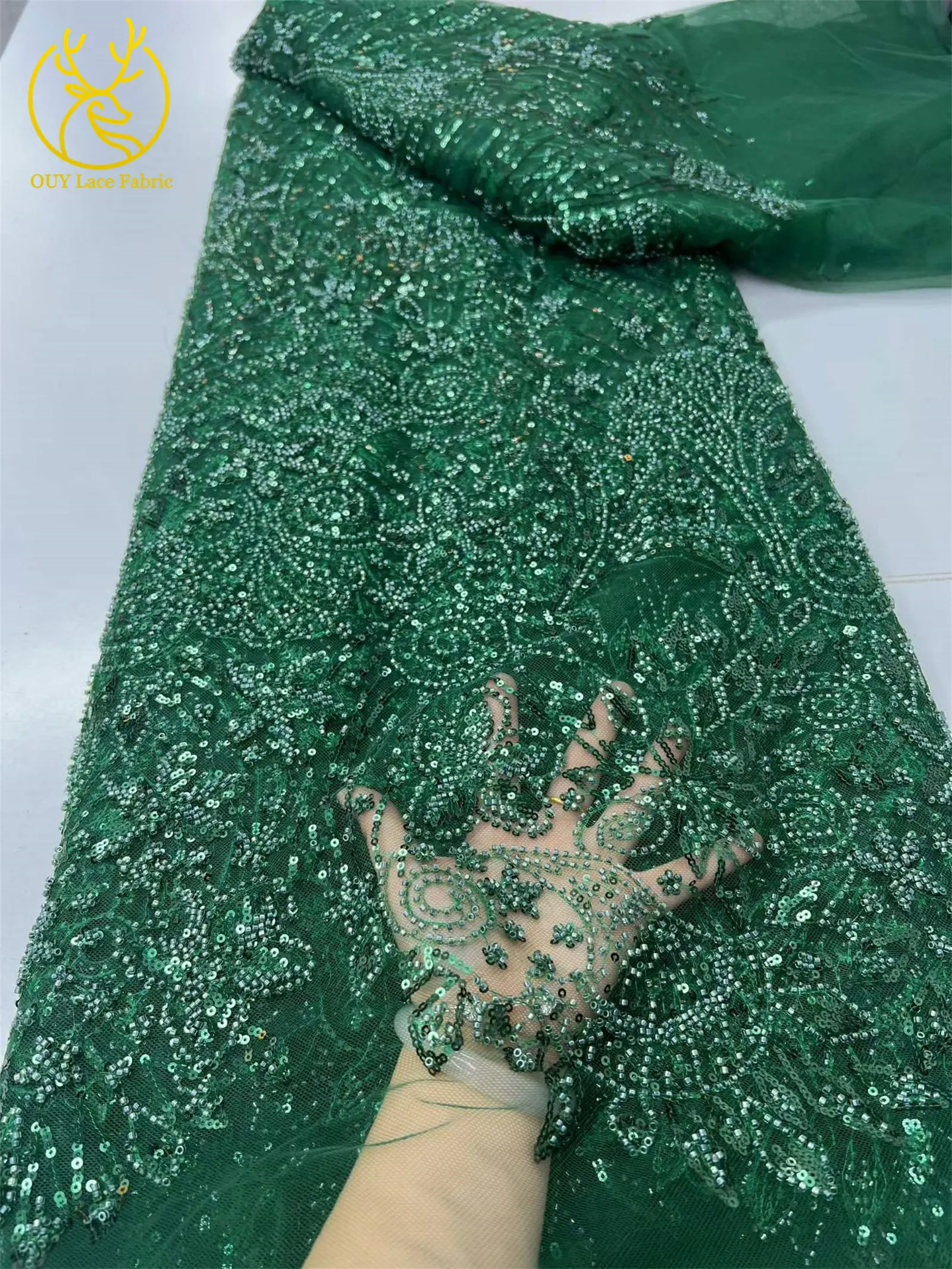 Grüner eleganter afrikanischer Perlen-Pailletten-Spitzenstoff, 5 Yards, hochwertige nigerianische Mesh-Tüllspitze für Damen, Abschlussball, Partykleid, Nähen – Detail 14