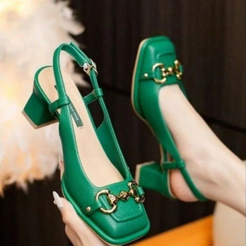 Women Mid-heel 5.5CM new Summer French Style Back Empty Female Thick Heel Square Toe Mary Jane Shoes