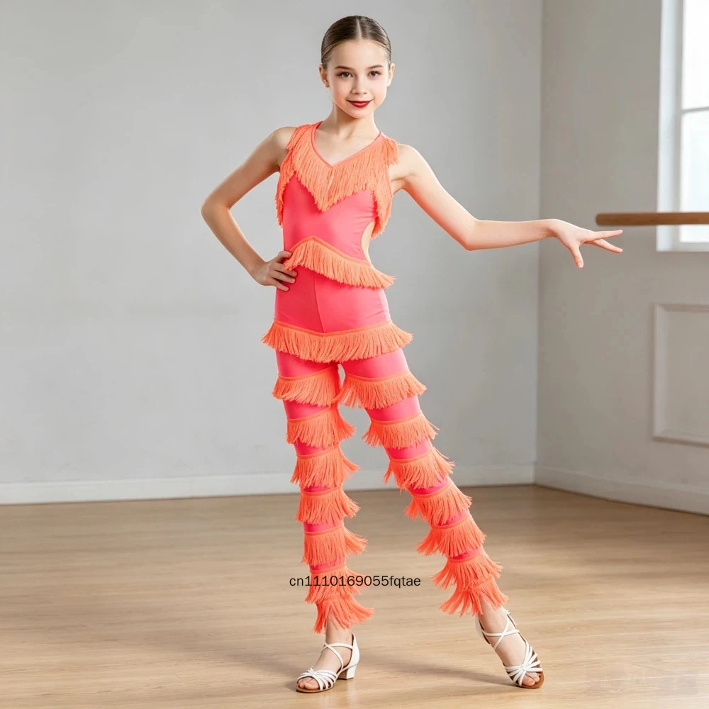 New Style Latin Dance Costume Tassel Jumpsuit Professional Competition Performance Outfit For Girls