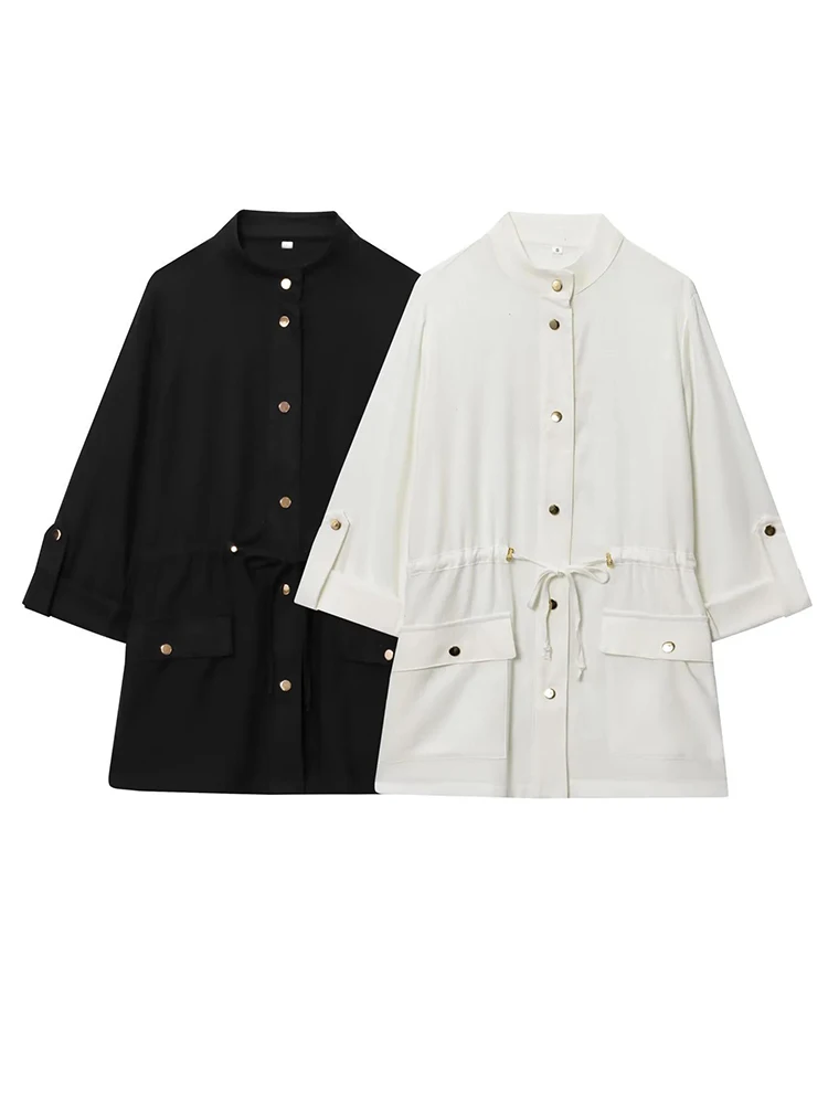 

Women Long Sleeve Golden Buttons Long Shirts Spring Autumn Drawstring Bandage Slim Tops Blouses