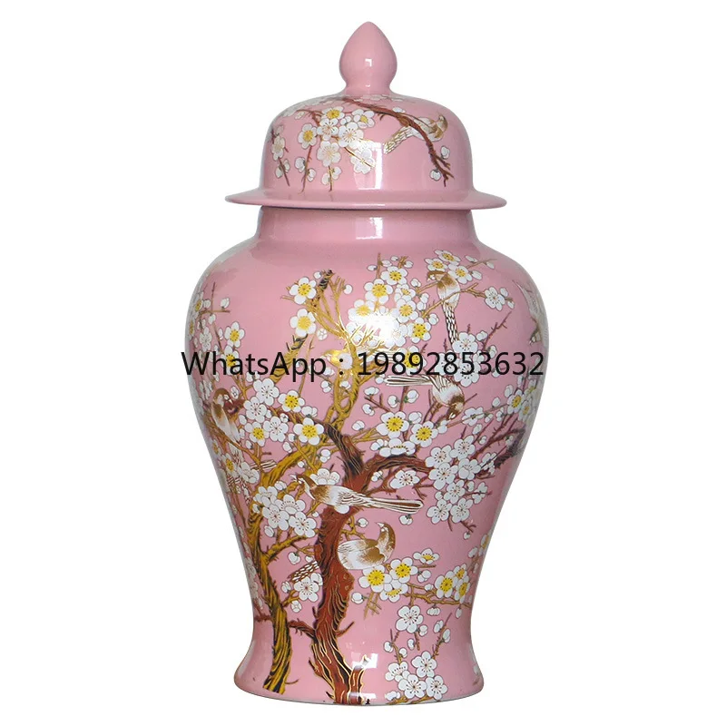 LYY Pastoral Flower and Bird Vase with Lid Pink Romantic Living Room Model Room Dining Room Decorative Flower Arrangement