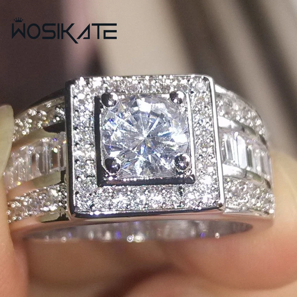 WOSIKATE Anillo de circonio de lujo para hombre, plata 925 con anillo de compromiso chapado en oro de 18 quilates, joyería de moda, anillos de negocios para hombres