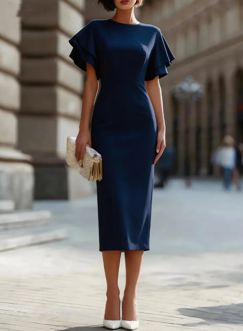 Women's Elegant Ruffle Sleeve Bodycon Midi Dress with Round Neck and Fitted Silhouette - view 6