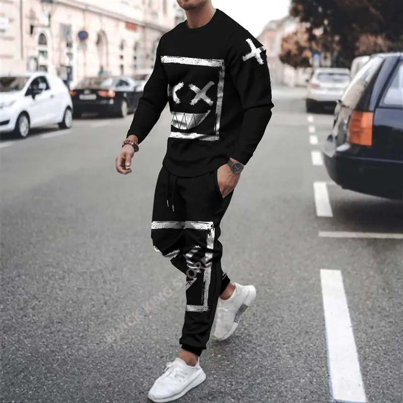 New Smiling Tracksuits XXO Pattern Men\'s 2 Piece Set 3D Print Long Sleeve T-shirt Suit Casual Men Tshirt Streetwear Fashion Suit