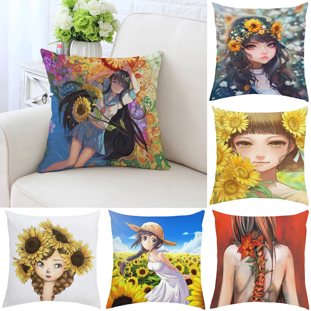 

40x40cm Pillowcase Finnish Sunflower Art Double-Sided Printed Sofa Cushion Cover Office Chair Cushion Home Headrest 50x50cm