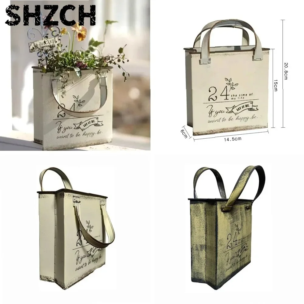 Iron Retro Handbag Shape Wall Mounted Flower Pot Home Furnishing Courtyard Garden Planting Decoration Metal Flowerpot Ornament