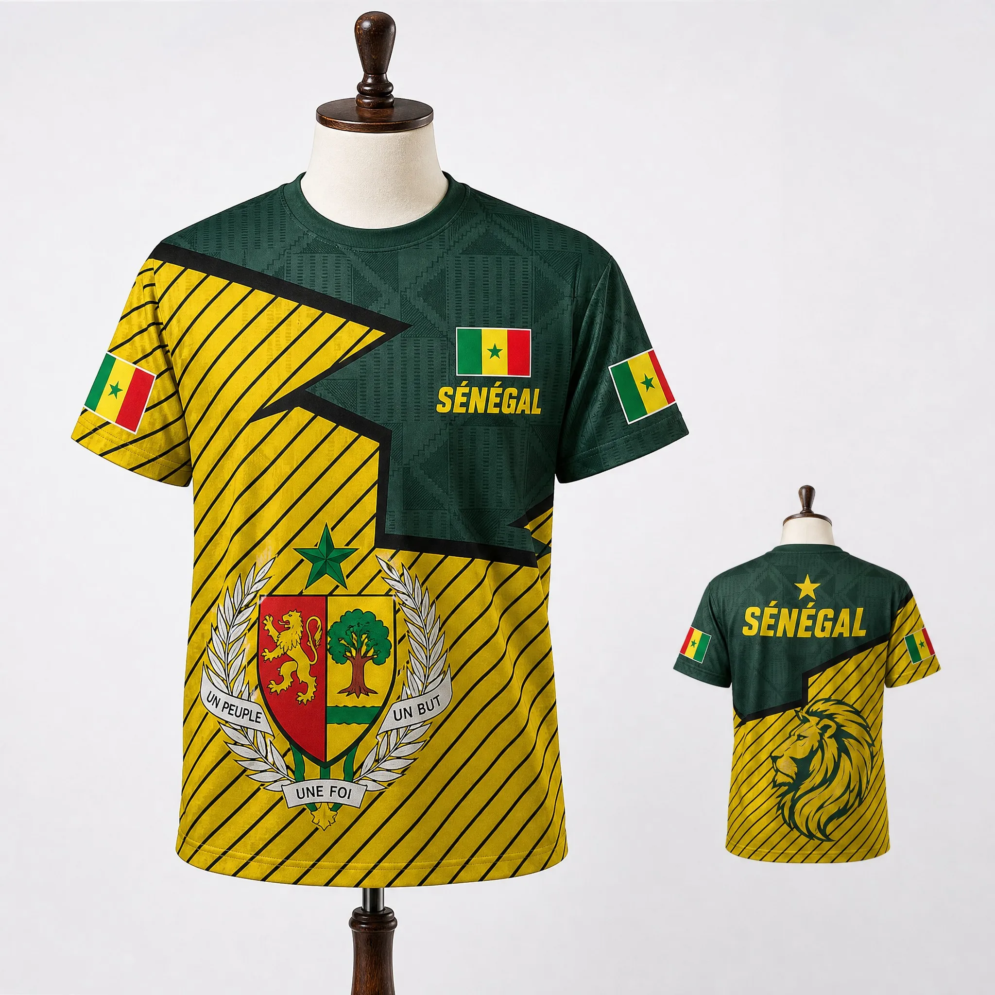 Senegal Mens Crest Lion Graphic Tee Green Yellow Panel Shirt Short Sleeve Football Fan Top Street Stadium Casual Wear Summer Fit