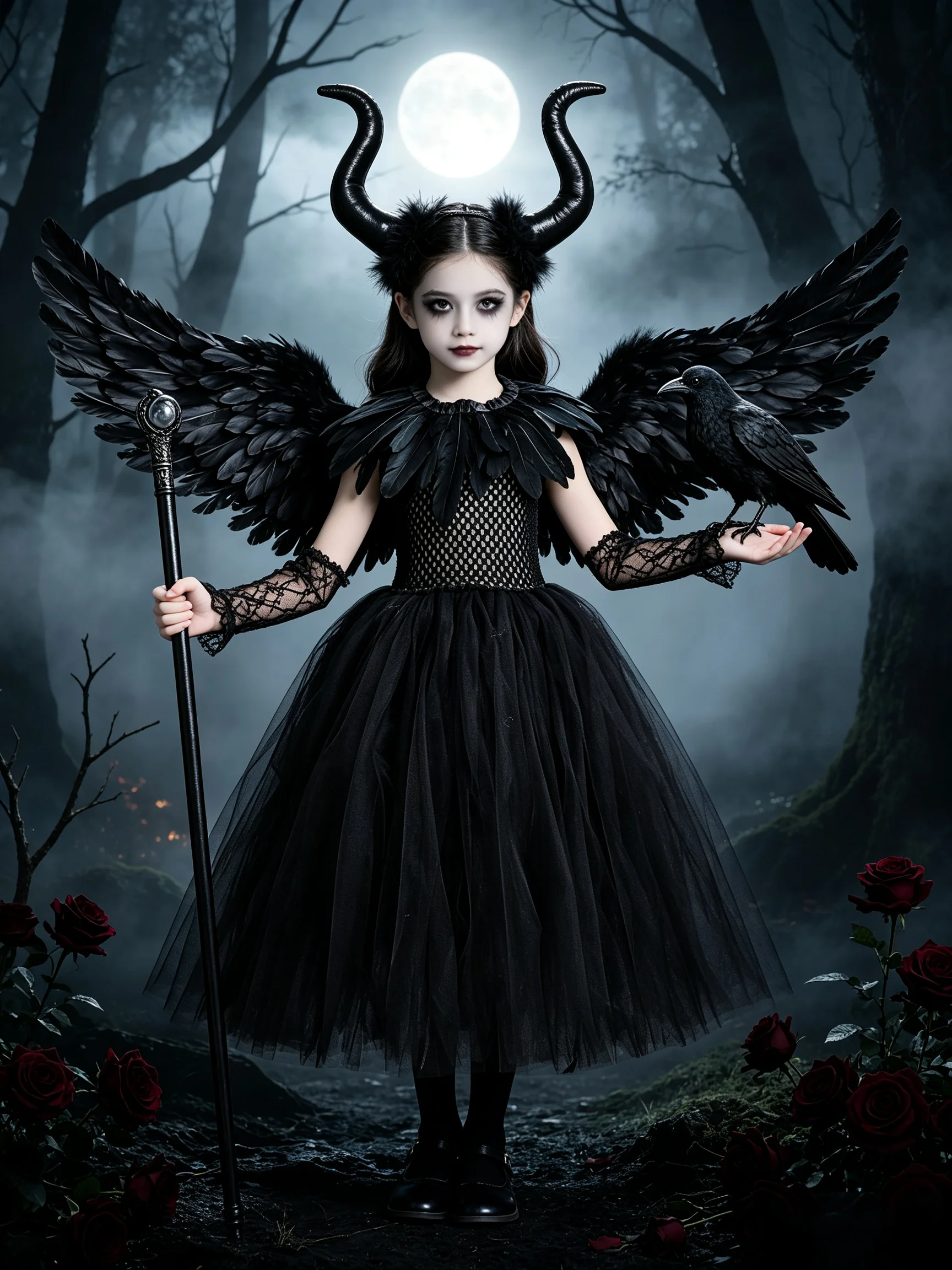 Kids Black Evil Queen Costume Set Girls Halloween Party Dress With Horn Headband Feather Wings Elf Ears Cosplay Carnival Outfit