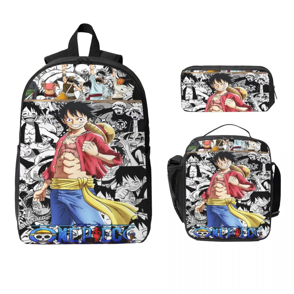 3Pcs Luffys O-one-pieces merch Backpack Set for Boy Girl Pen Bags Bookbag Sets with Lunch Box For School Students Knapsack