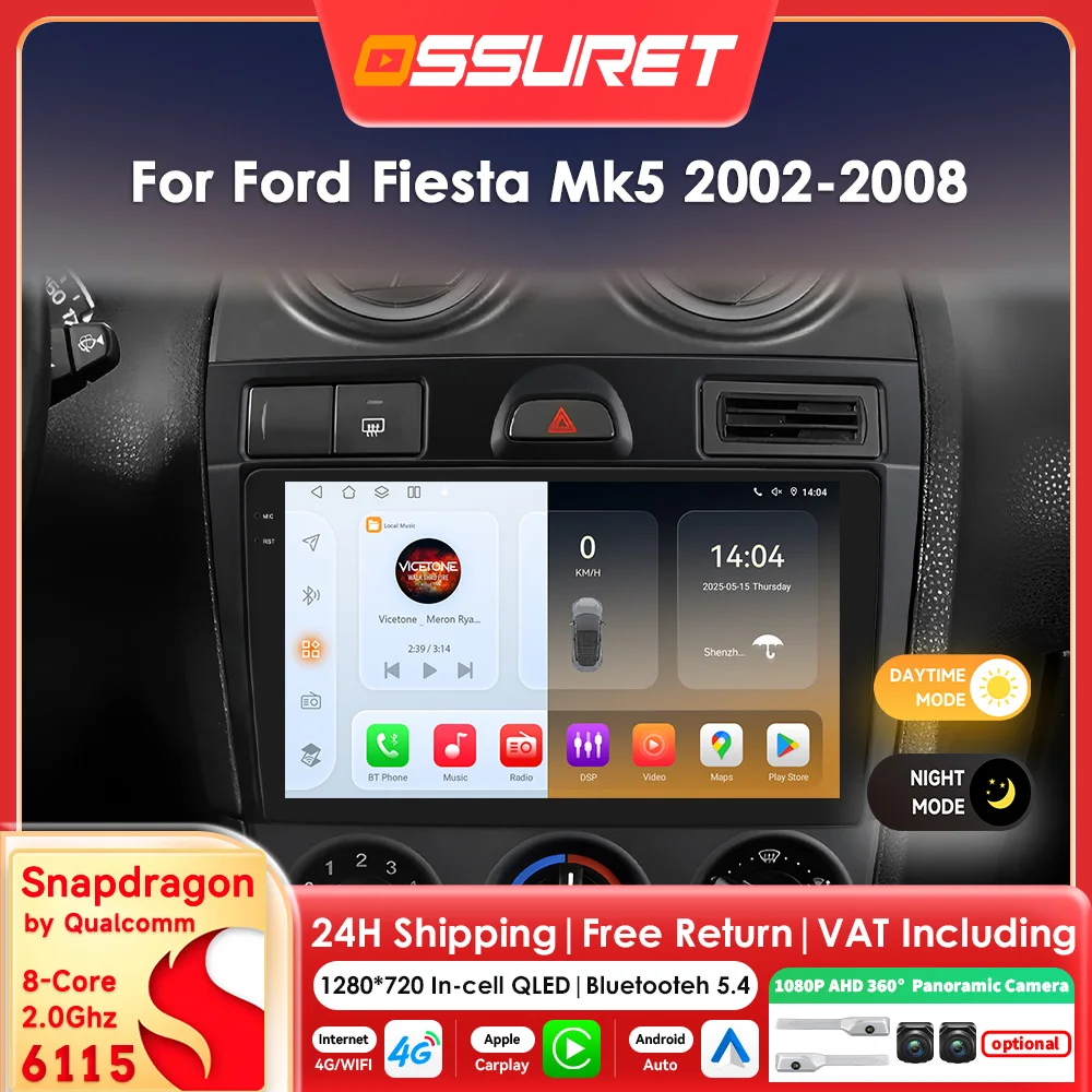 6115 Octa-Core Android Autoradio für Ford Fiesta Mk5 2002 - 2008, kabelloses Carplay für Apple, 2DIN, 360-Grad-Kamera, RDS, DSP, Head Unit, 4G, WLAN, Bildschirm