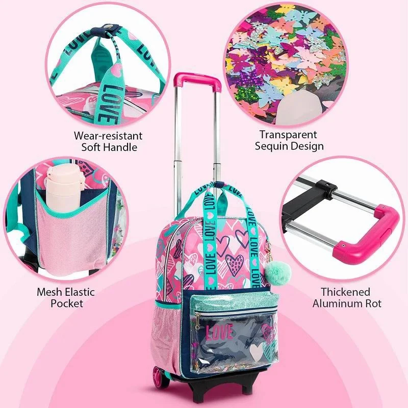 Zaino da viaggio con ruote borsa da scuola Trolley impermeabile leggera con astuccio maniglia regolabile valigia da viaggio per bambini