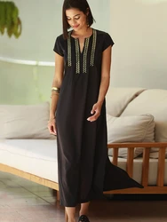 Black Beach Dresses Kaftans for Women Gold Embroideried Tunic Bikini Cover Up Short Sleeve Elegant Robe Bathing Suit Cover-ups