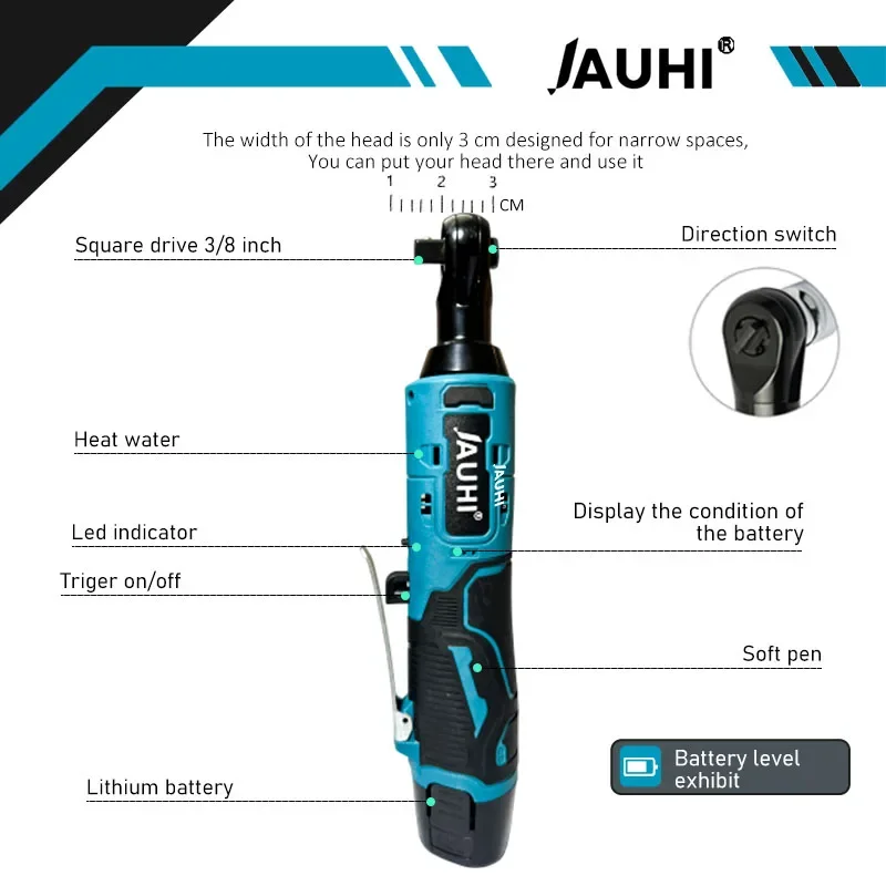 JAUHI 3/8 Inch Cordless Electric Wrench Right Angle Ratchet Wrenches 12V Rechargeable Car Repair Tool Set Angle Wrench