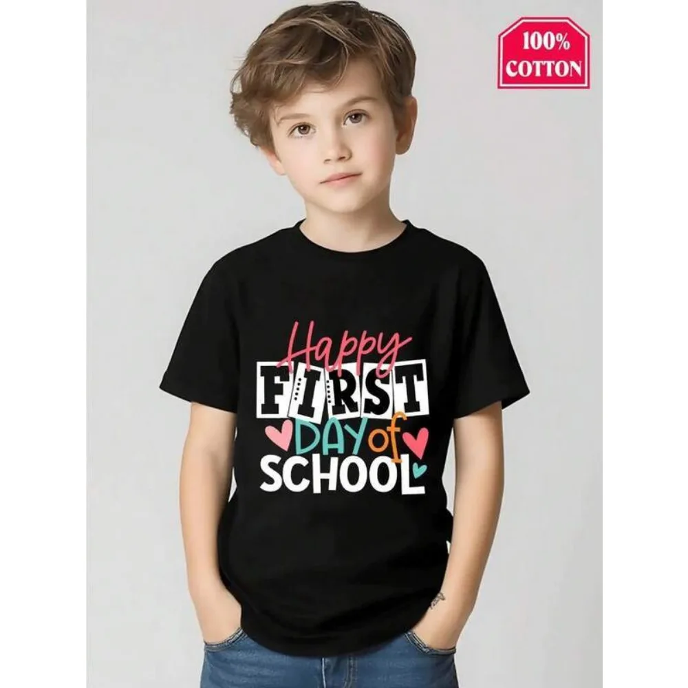 Chemise premier jour d'école pour garçons-T-Shirt rose avec lettrage joyeux premier jour d'école, T-Shirt pour enfants en coton doux et respirant