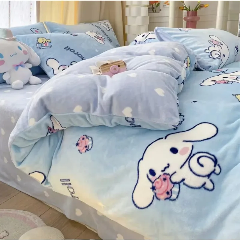 Sanrio cartoon milk fleece 3kg Cinnamoroll melody four-piece kuromi flannel three-piece quilt cover sheet pillowcase