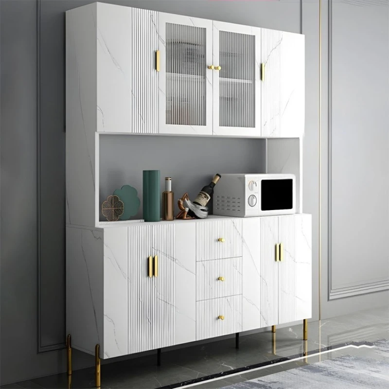 

Luxury Modern Dining Room Furniture Wooden Console Table Grooved Buffet Bar Cabinet Platinum Storage Sideboard with Marble Top