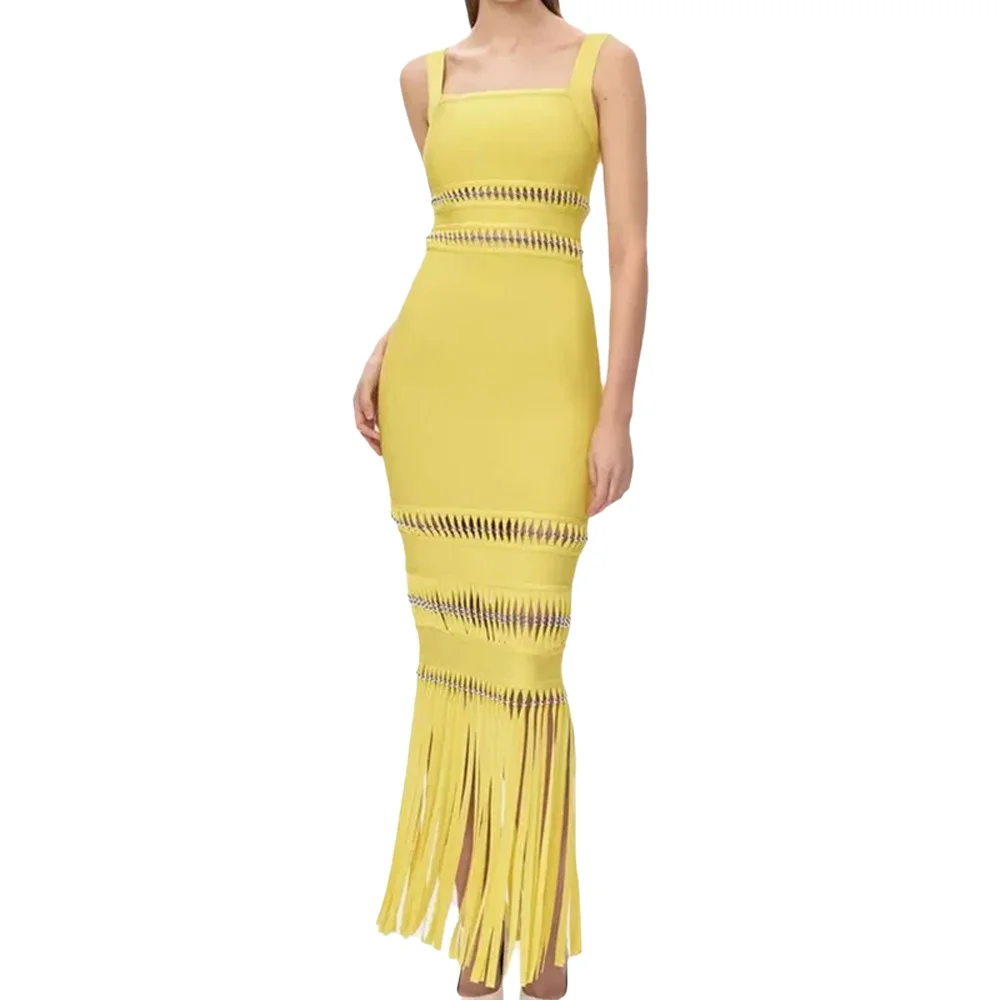 Robe à bandes élégante de haute qualité, jaune vif, perles noires, bretelles, mode dames, tenues de soirée, bal, vente en gros, livraison directe