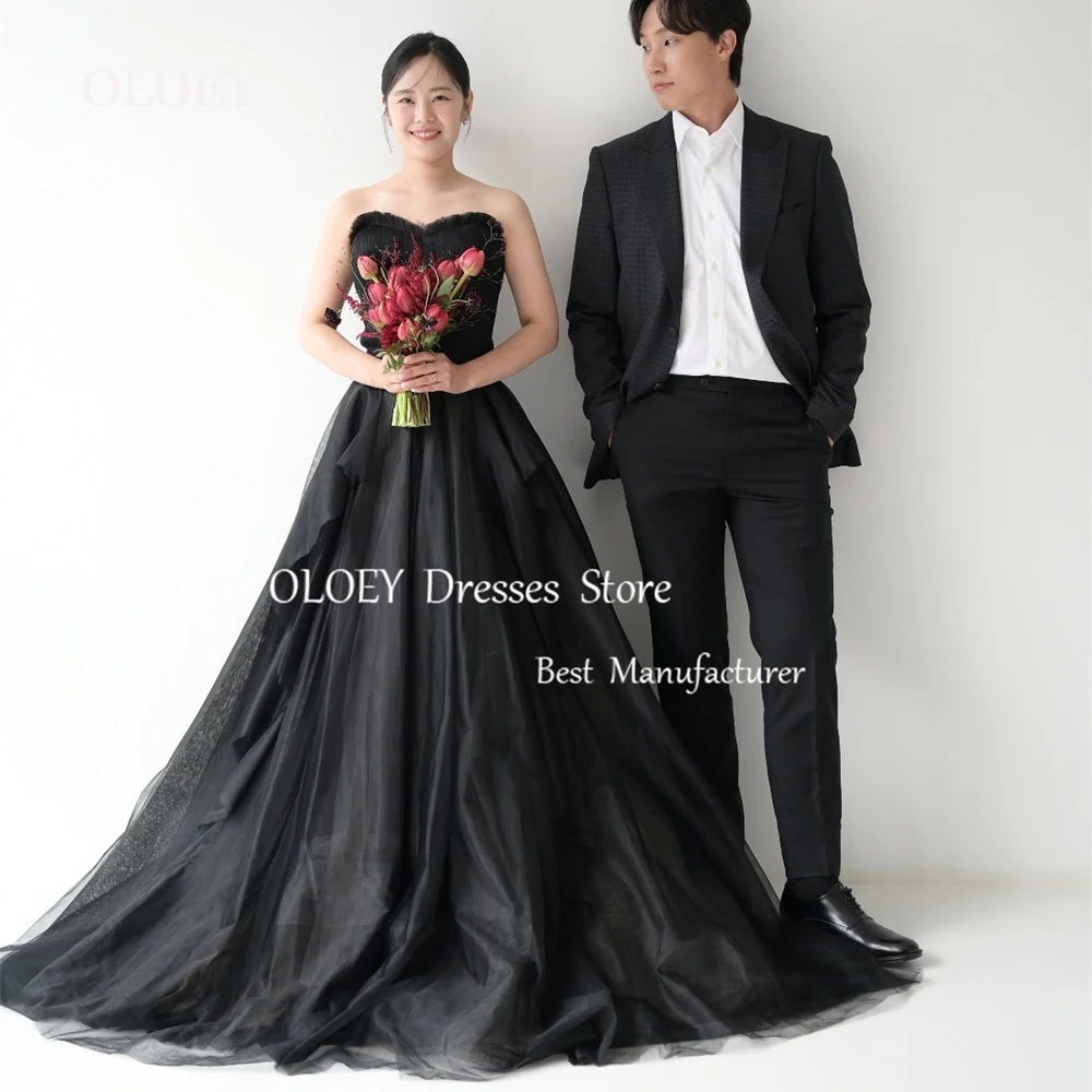 

OLOEY Simple Black Prom Dress Korea Wedding Phothshoot Sleeveless A Line Bridal Gown Pleats Tulle Corset Back Custom Made