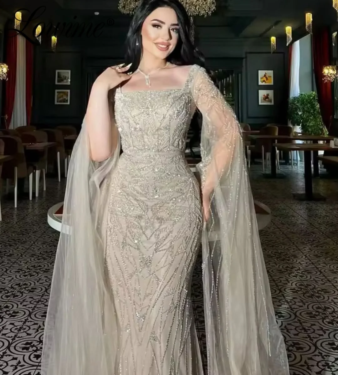 Customized Arabic Dubai Nude Cape Sleeves Women Evening Dress Beaded Formal Wedding Party Gown Customized 2025 Long Prom Dresses
