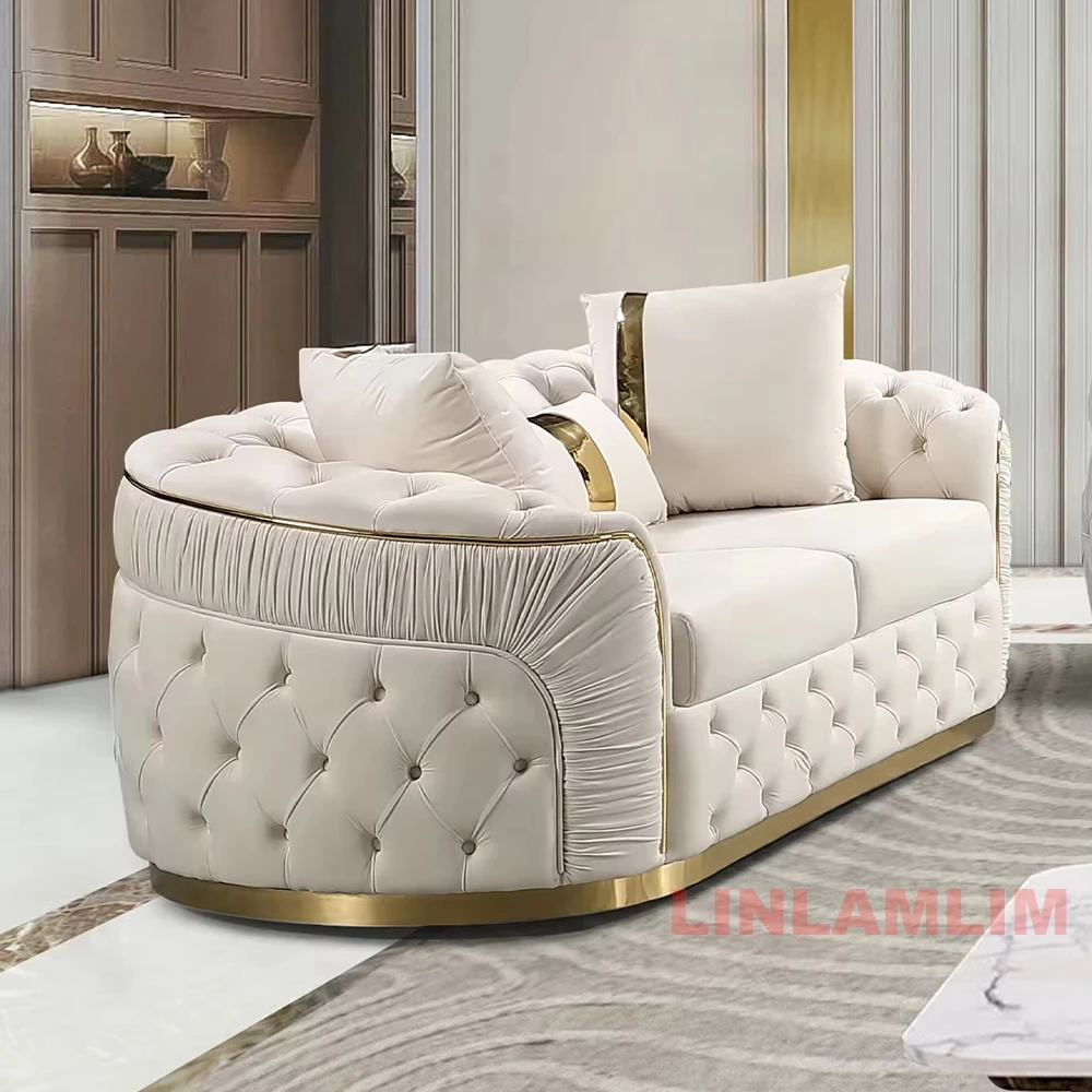 3+2+2 seater MANBAS Chesterfield Sectional Sofa Set with Cloth Buttons and Fabric Modular Couch with Gold Stainless Steel Base