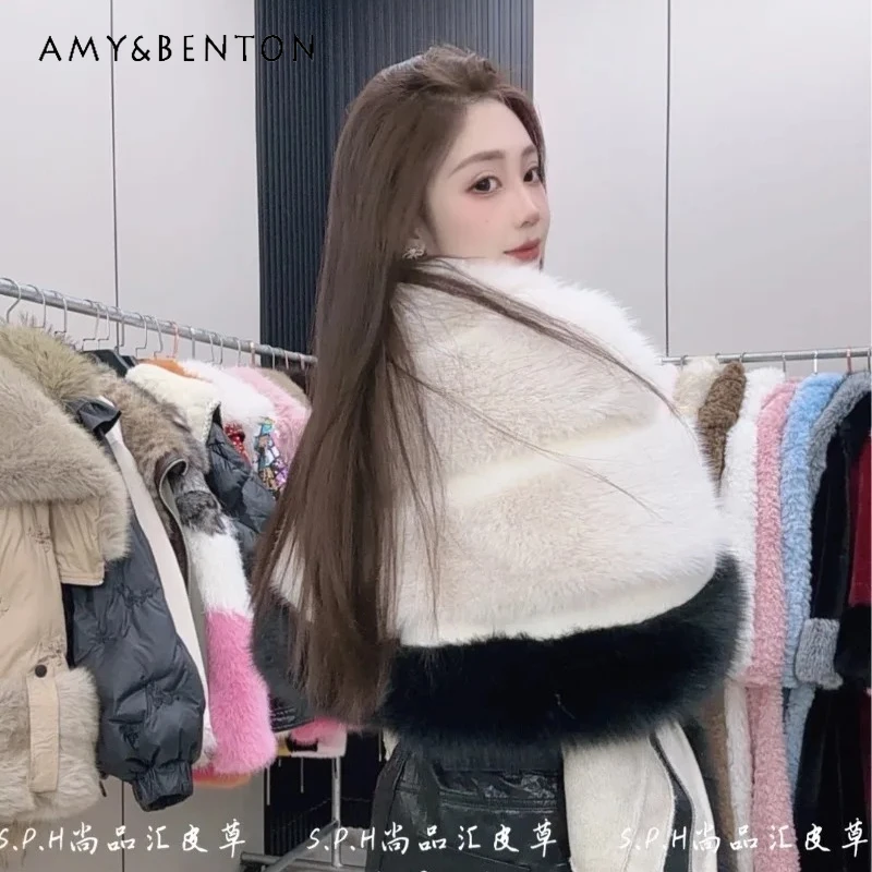 

Autumn Winter Y2k Warm Faux Fox Fur Thickened Shawl Color-Block Stylish Jacket Women's Green Comfortable Soft Shawl Furry Coat