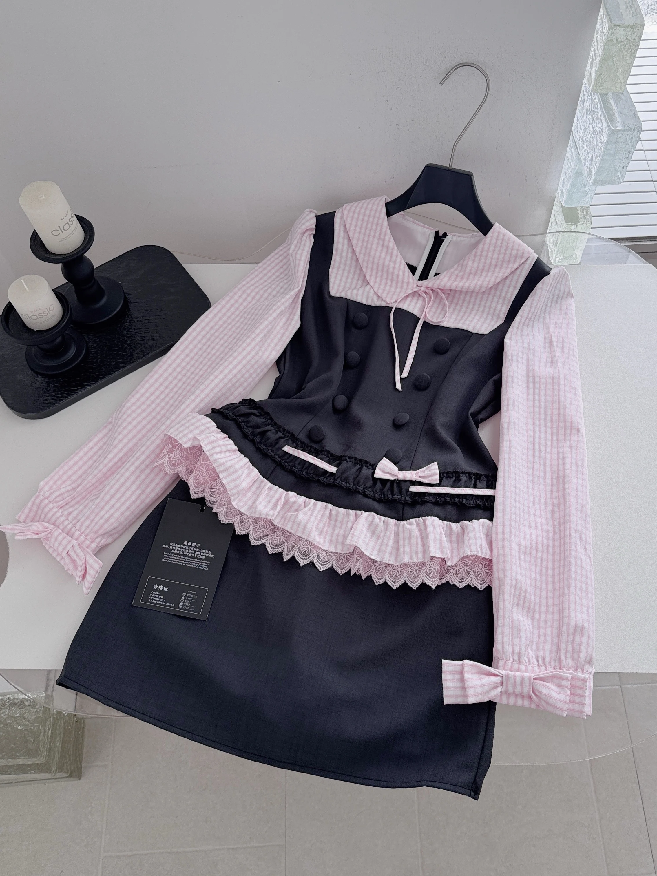 Sweet Plaid Two-Piece Set Women's Fall Doll Collar Waist-Cinching Top High Waist Short Skirt Gentle Set Dress Polyester Fiber