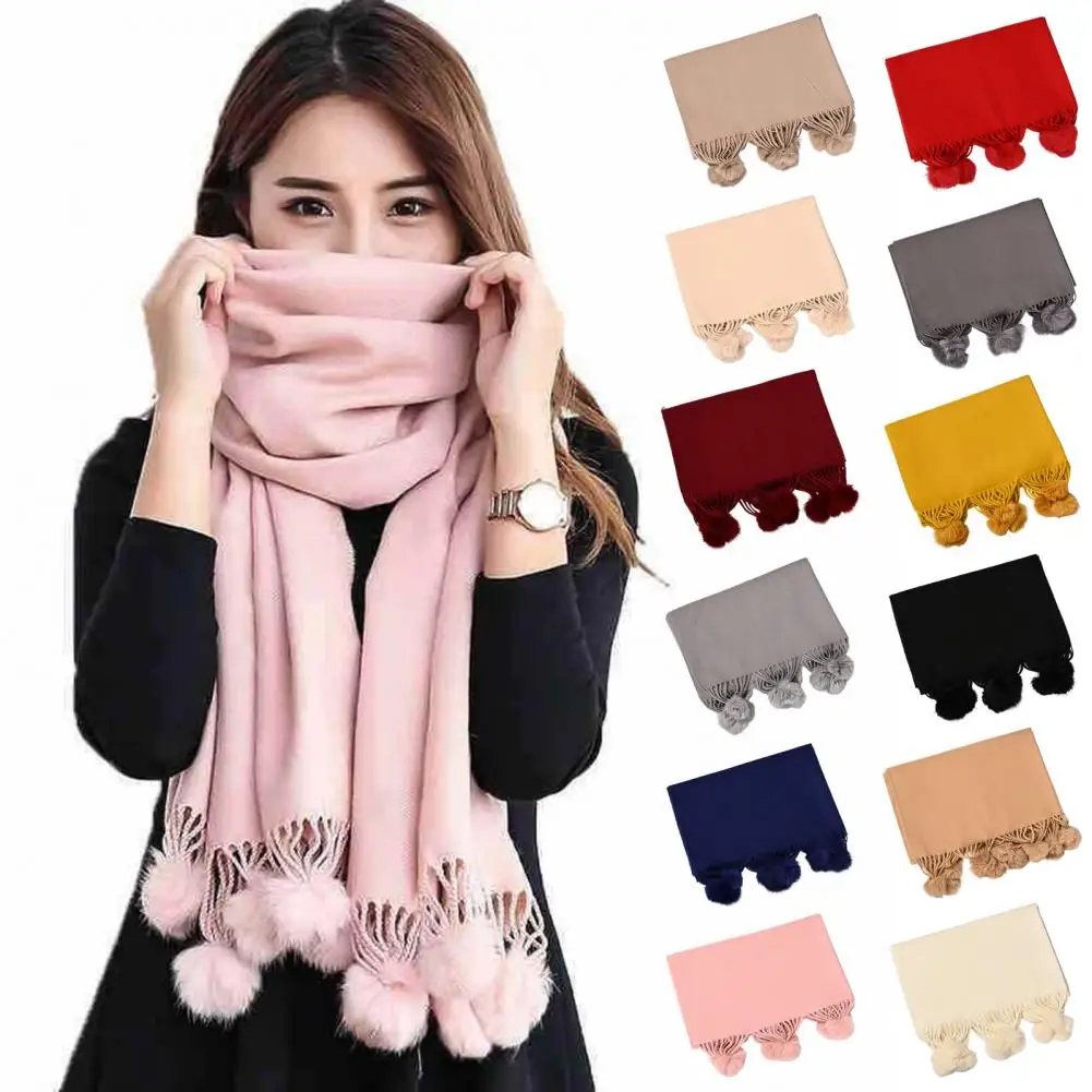 200cmx70cm Winter Women Scarf Plush Ball Decoration Solid Color  Long Tassels Women Thicken Wrap Shawl Pashmina