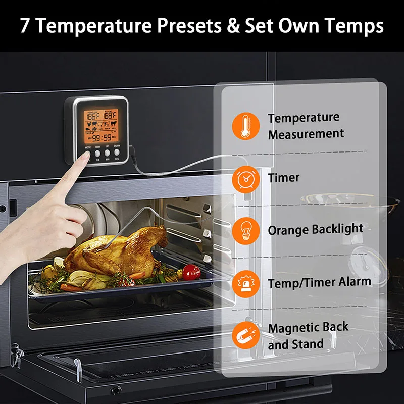 Forno termômetro digital com retroiluminação LCD, BBQ termômetro, BBQ termômetro, Celsius conversão, contagem regressiva ou temporizador, Fahrenheit, Celsius