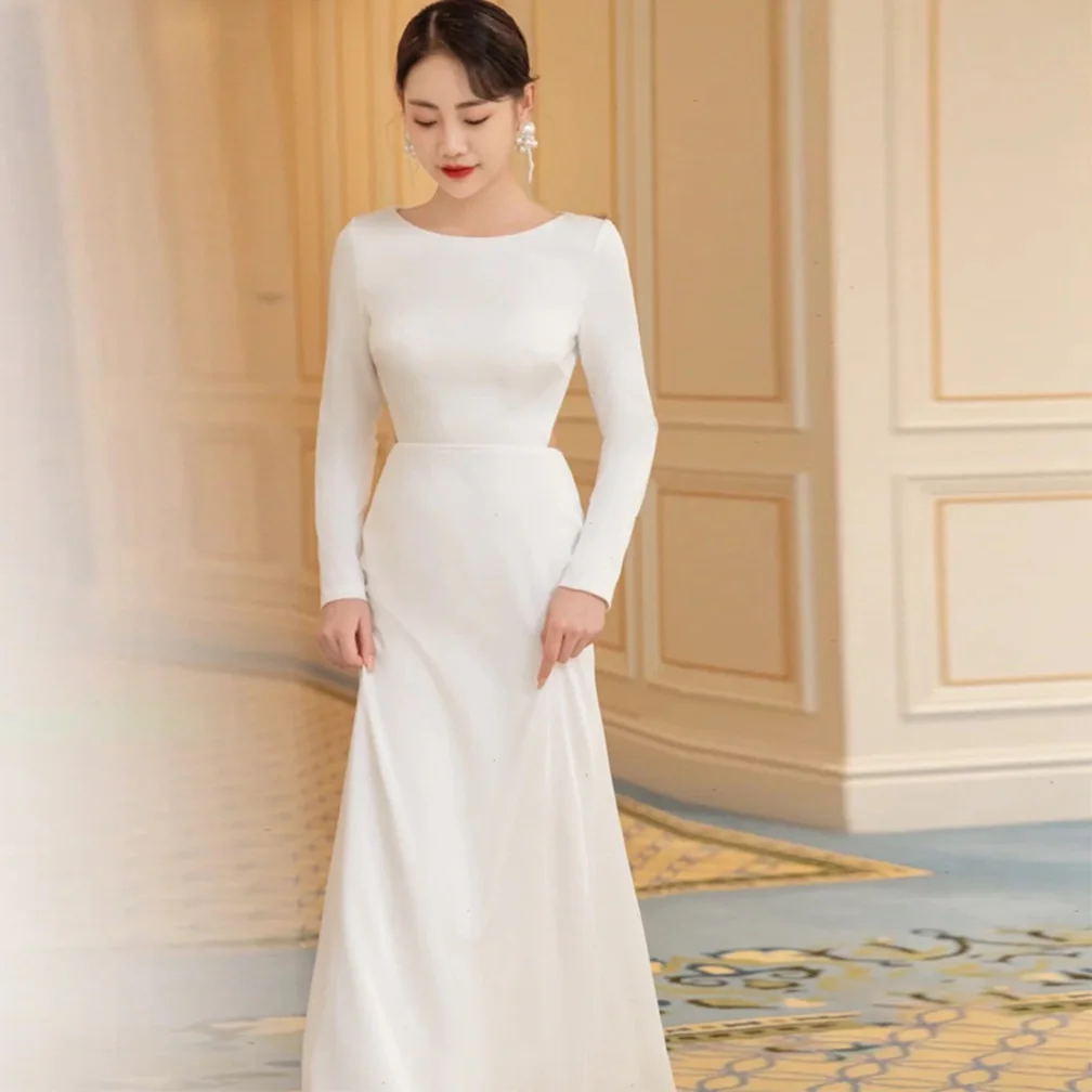 Wedding Dresses for Women O-Neck Satin A-LINE Wedding Dress Long Sleeves Vestidos De Novia for Women Customized