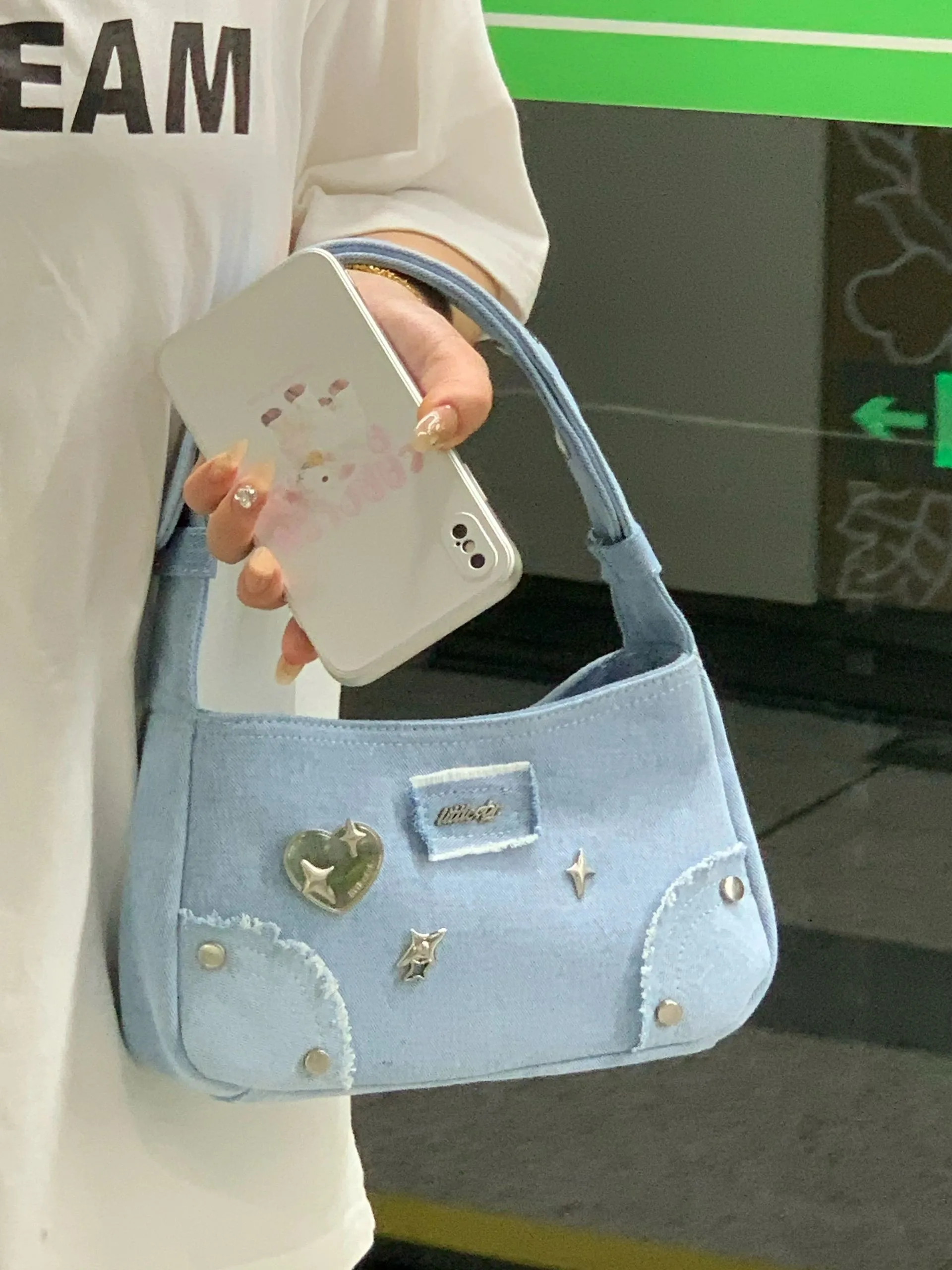 Light Blue Denim Shoulder Bag 2023 Spicy Girls Fashion Love Star Decal Zipper Underarm Bag Sweet Cool High Street Trend Handbag