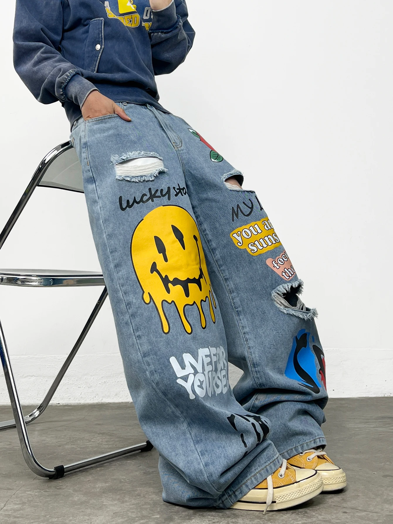 Men's High-Street Art Print Ripped Blue Baggy Jeans Y2K Streetwear Hip-Hop Trend Skate Style Versatile Wide-Leg Pants
