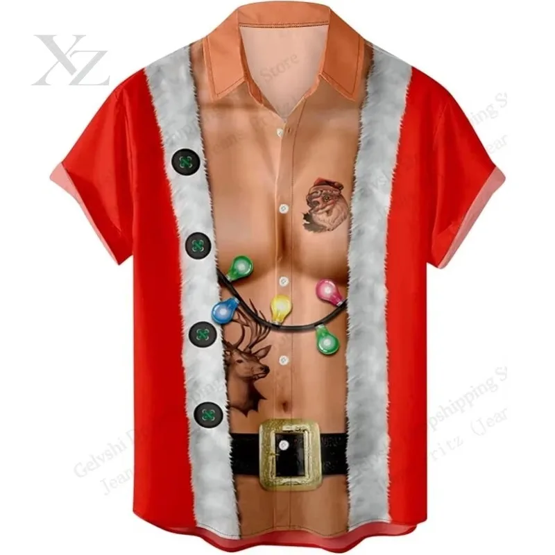 Funny Santa Claus Muscle 3D Print Hawaiian Shirt Men Women Fashion Soft Short Sleeve Christmas Shirt Men Clothing Camisas Hombre