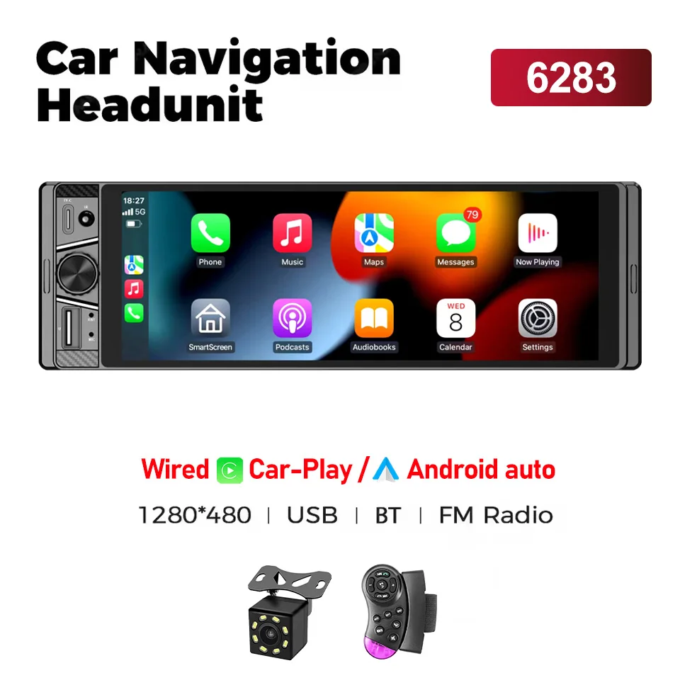 6.86 ''1Din Autoradio Multimediaspeler MP5 MP3 FM-radio Draadloos/bekabeld Carplay Android Auto Stereo 1 din USB Type-c opladen