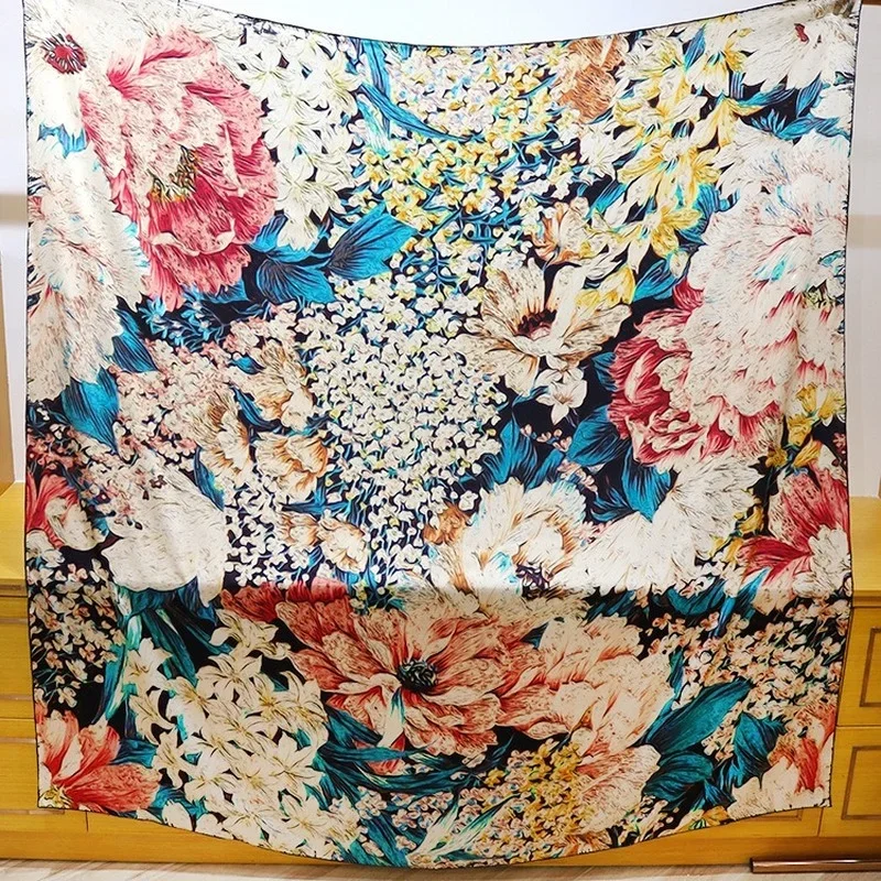 High-end Elegant Women Exquisite Flower-sea Print Quality 18MM Plain Satin Silk Hand-rolled Edge Large Square Scarf Shawls