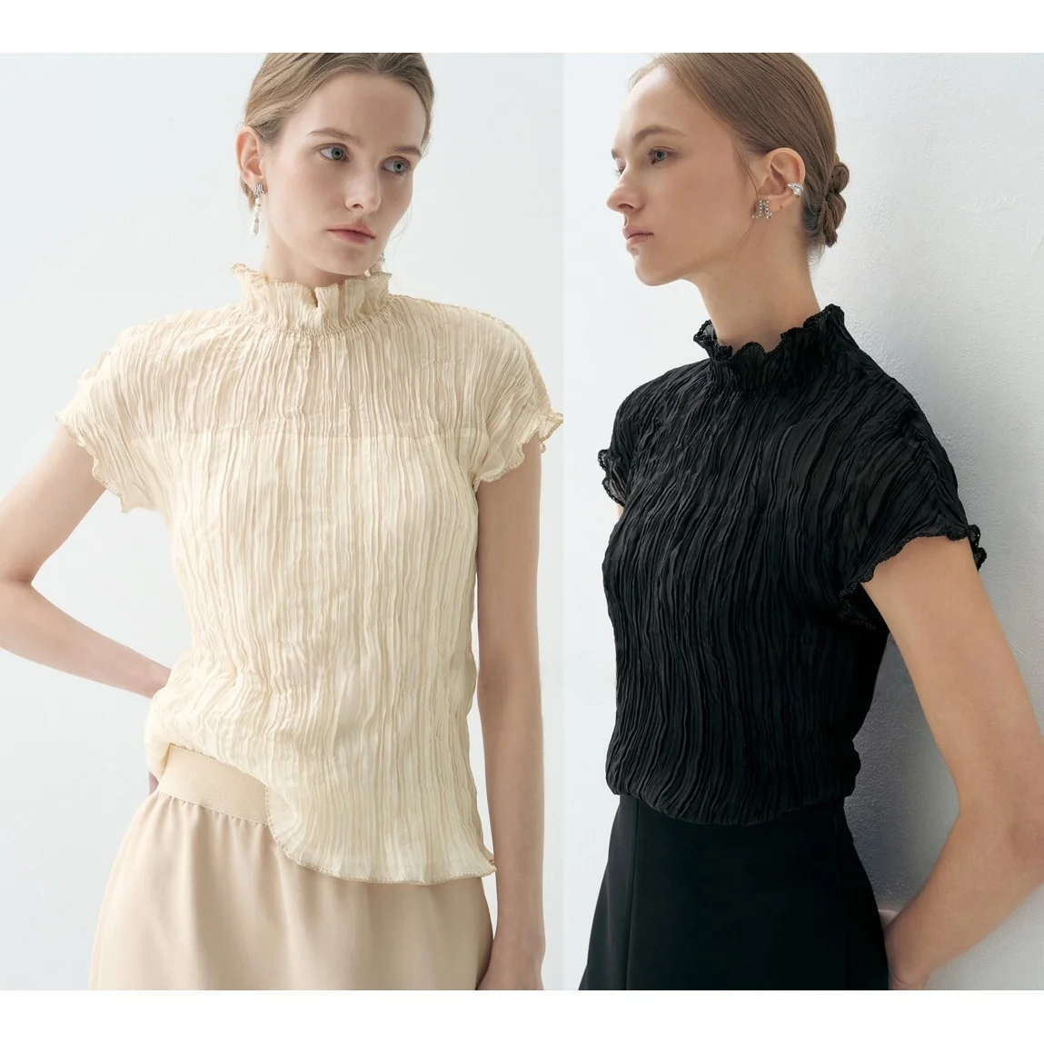 

Textured Short Sleeve Shirt Stand Collar Pleated Elastic Commute Versatile Slimming Top Korean Style QPP Brand Women's Shirt