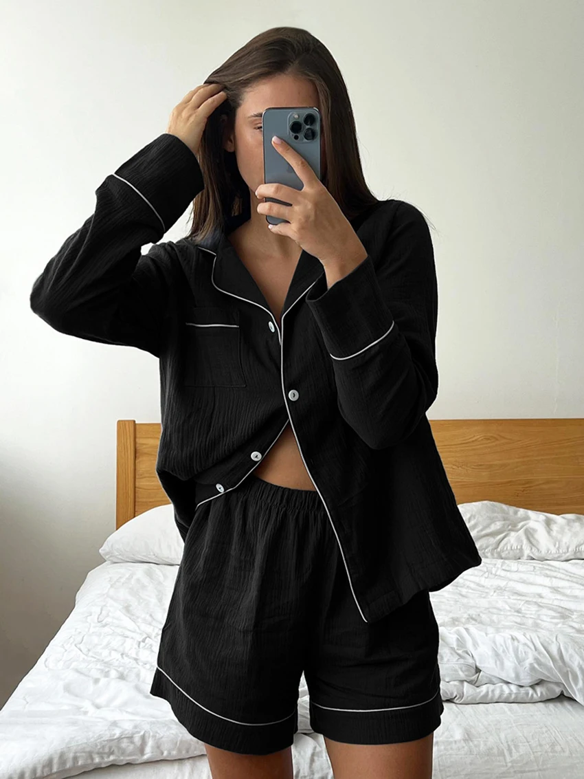 

Marthaqiqi Home Clothes For Women Long Sleeve Sleepwear Sexy Turn-Down Collar Nightwear Shorts Causal Female Pajamas 2 Piece Set
