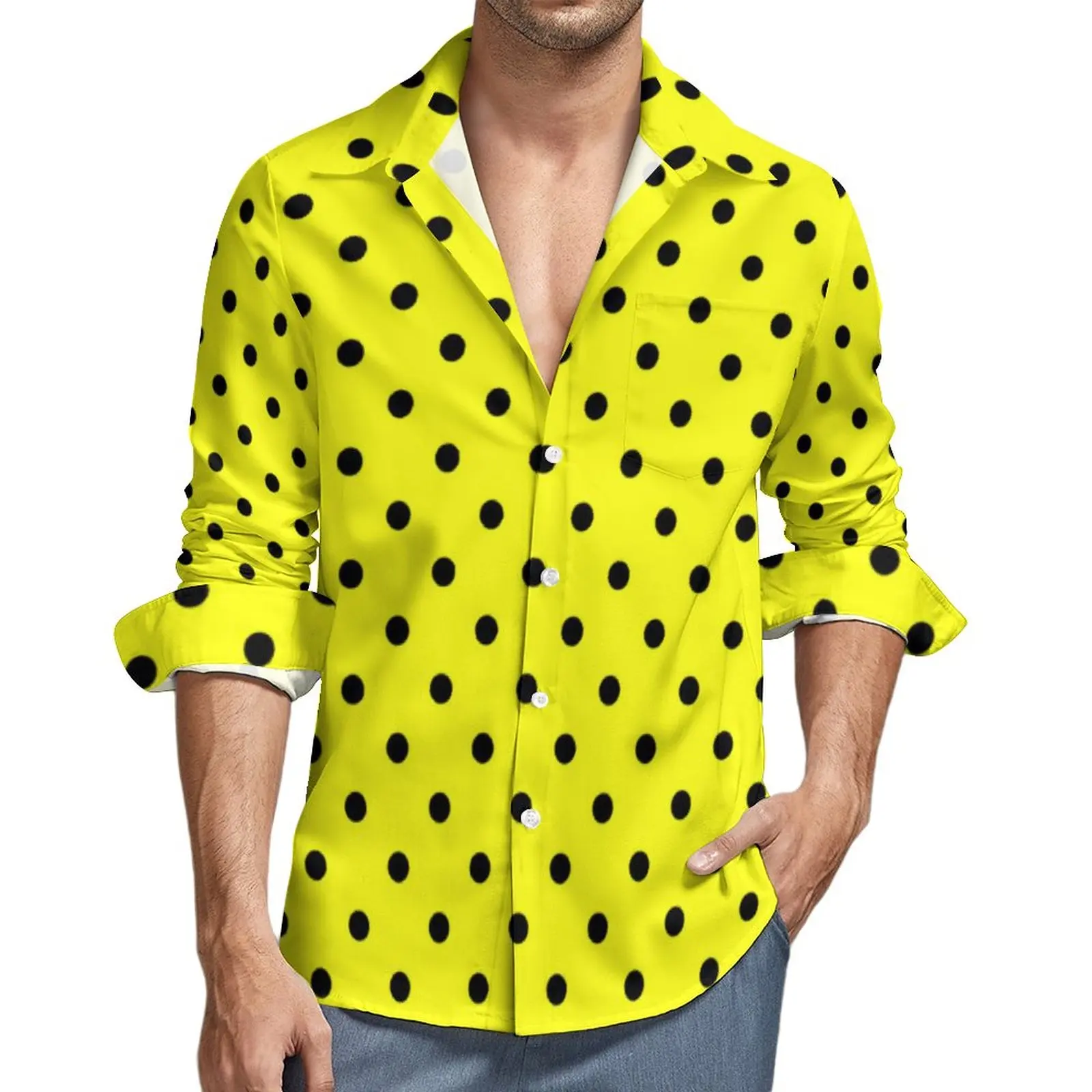 

Yellow Polka Dot Funny Casual Shirt Men Black Spots Print Shirt Spring Novelty Blouses Long Sleeve Printed Oversized Clothes