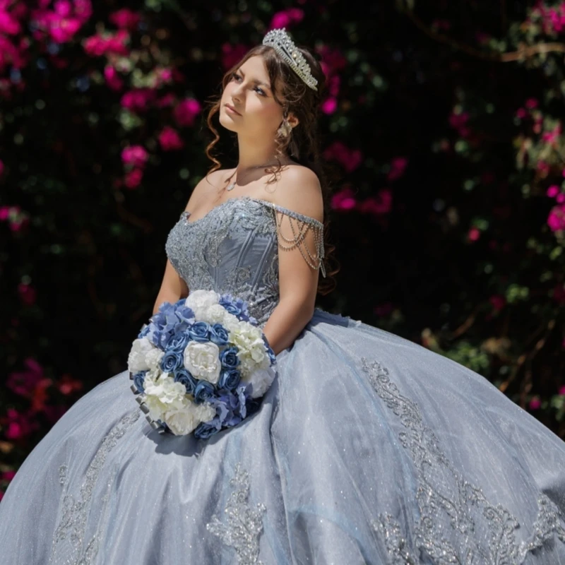 Vestidos De quinceañera azul y gris con hombros descubiertos, vestido De baile dulce 16, apliques De encaje con cuentas, Vestidos De fiesta De cumpleaños De tul 15