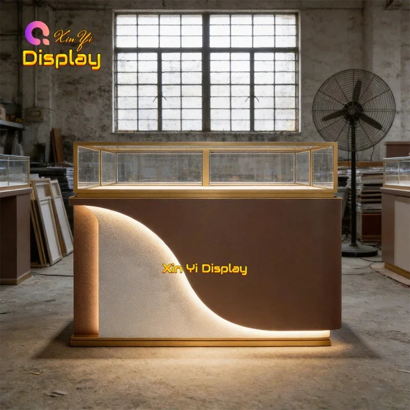 custom.Modern Two Tone Jewelry Showcase Counter Frame Illuminated S Curve Design Luxury Retail Boutique Showroom Displa
