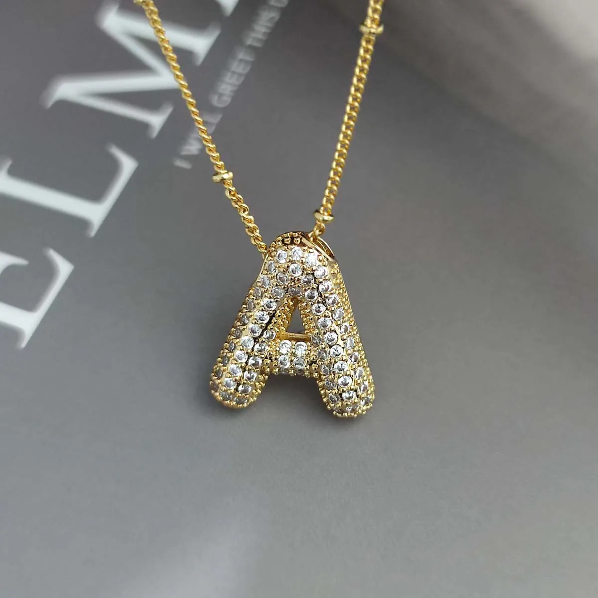 New Bubble Letter Necklace Copper Inlaid with Zircon 26 English Letter Pendant Personalized Hip-Hop Chubby Full Diamond Letter Necklace for Women