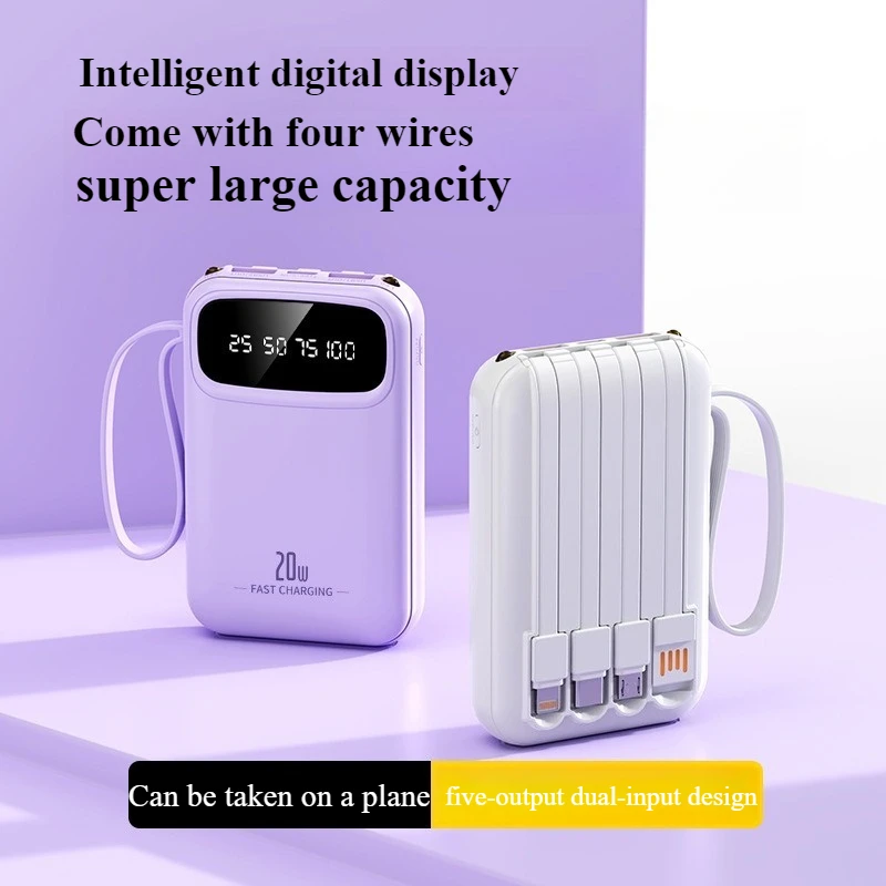 

Мини-Power Bank, портативное зарядное устройство 20000 мАч, встроенные кабели, светодиодная подсветка, внешний аккумулятор Powerbank для IPhone 14 Samsung